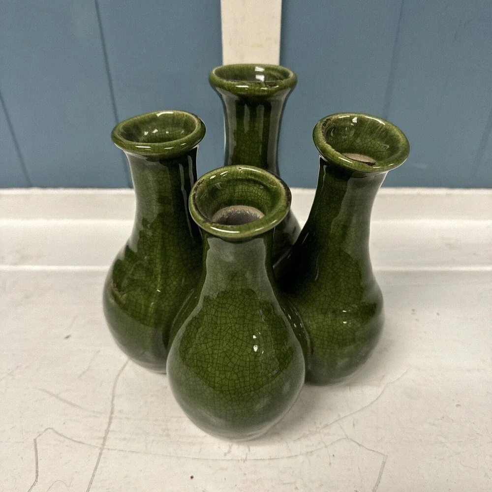 Vintage Pottery Crazed Green Finger 7”‎ Vase Four Vessel MCM RARE